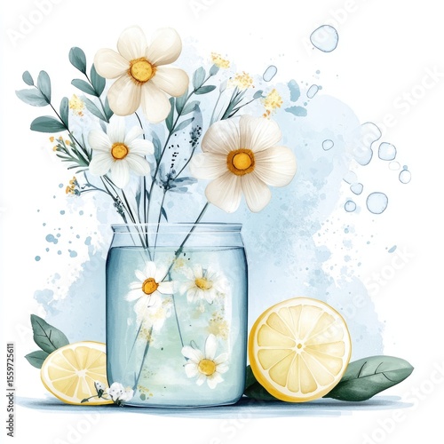 Fototapeta Naklejka Na Ścianę i Meble -  Glass of lemon water next to a vase of fresh flowers. Clipart on white background, watercolor style.