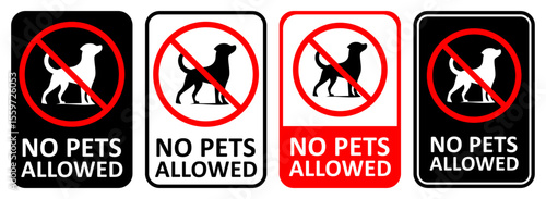 Set of no pets allowed signs with dog silhouette crossed by red ban symbol, clear typography and contrasting backgrounds, ideal for parks, buildings, offices, apartments and public areas.