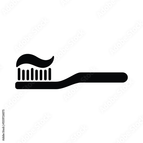 Simple Black Toothbrush with Toothpaste Icon on White Background