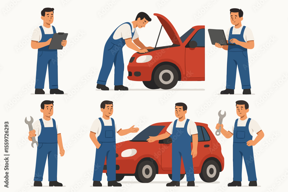 Obraz premium Vector Set Car mechanics repair service worker characters in white background