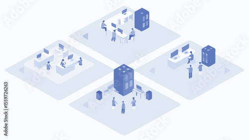 Isometric view of office spaces with people computers and servers in a light blue color scheme