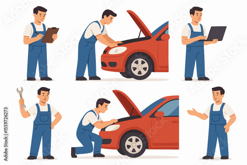 Vector Set Car mechanics repair service worker characters in white background