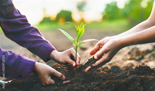 Two people are planting a tree together