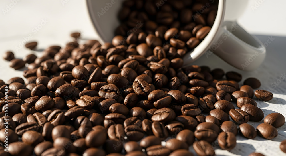Fototapeta premium Coffee Beans Spilling from White Cup