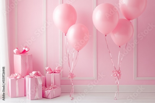 Elegant celebration scene in pink-themed room, birthday balloons and ribboned gifts, mockup design