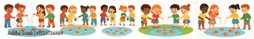 Vector Set Kids feed fish in fishpond