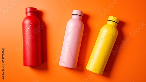 Three vibrant modern reusable water bottles in red pink and yellow arranged diagonally on a bright orange background