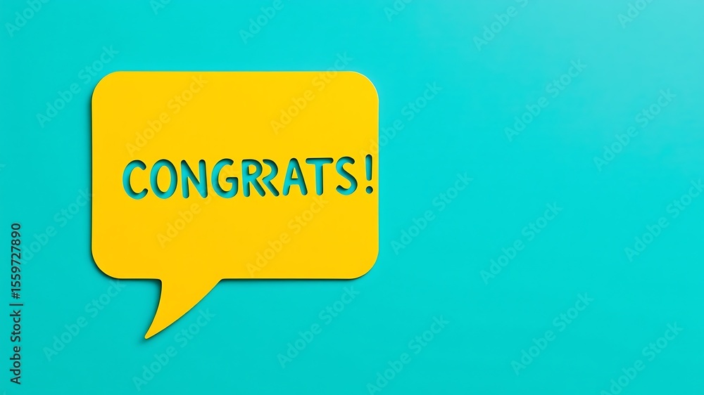A bright yellow speech bubble with the word congrats cut out set against a vibrant teal background A bright yellow speech bubble with the word congrats cut out set against a vibrant teal background