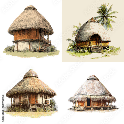 Thatched-roof round huts from Melanesian regions, illustrated with tropical surroundings, capturing the essence of indigenous architecture and nature-based living.

