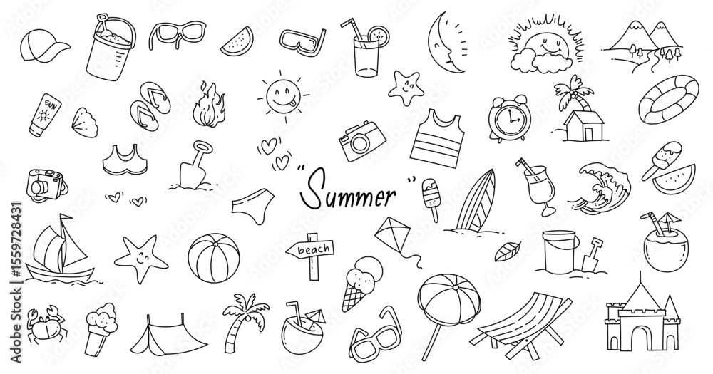 Set of summer items icon sign and symbol illustration. Icons related to summer vacation tropical sea, beach and travel. Set of summer items icon sign and symbol illustration. Icons related to summer vacation tropical sea, beach and travel.