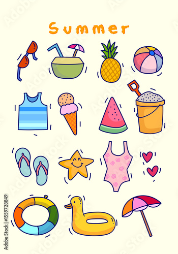 Set of summer items icon sign and symbol illustration. Icons related to summer vacation tropical sea, beach and travel.