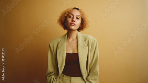 Caucasian creative professional in suit poses confidently against golden backdrop. Retro-styled portrait