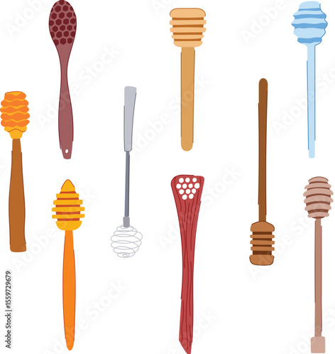 honey dipper stick set cartoon vector illustration