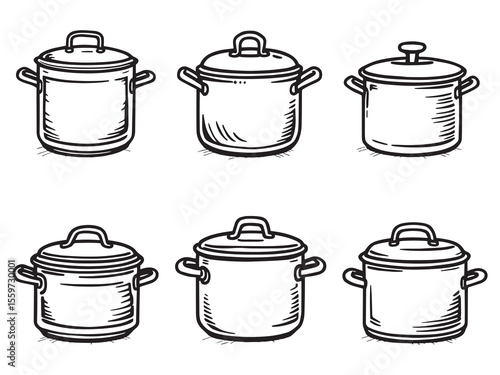 Monochrome line drawing of stockpot cookware kitchen essential