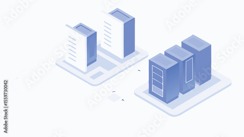 Isometric illustration depicting a server room with multiple server racks and data storage units