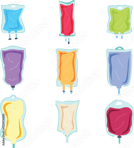iv fluid bag set cartoon vector illustration