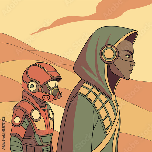 Two figures in a desert landscape one in a red suit and the other in a hooded green cloak looking away