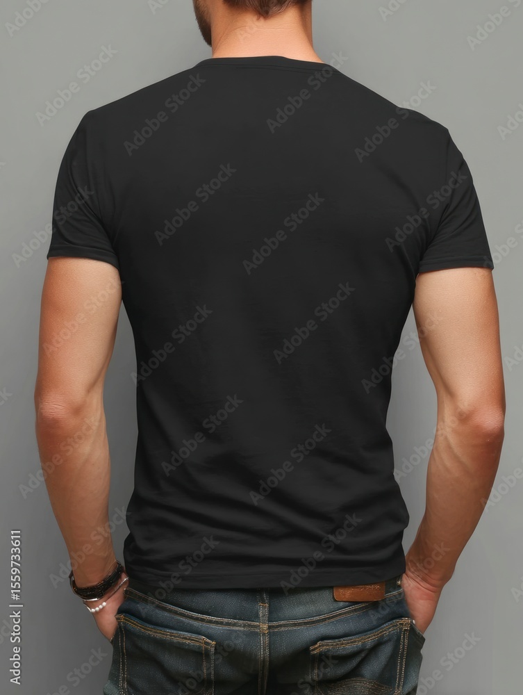 Obraz premium Man in black tshirt and jeans stands with back to viewer against a gray backdrop