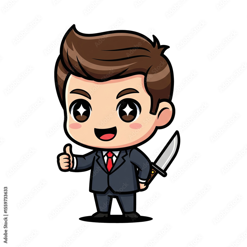 HD Cartoon Illustration Businessman with Hidden Knife, Thumbs Up, Cute, Adorable, Anime Style HD Cartoon Illustration Businessman with Hidden Knife, Thumbs Up, Cute, Adorable, Anime Style