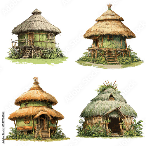Fantasy-style jungle huts made from bamboo and thatched roofs, surrounded by greenery, beautifully illustrated to capture whimsical natural living environments.

