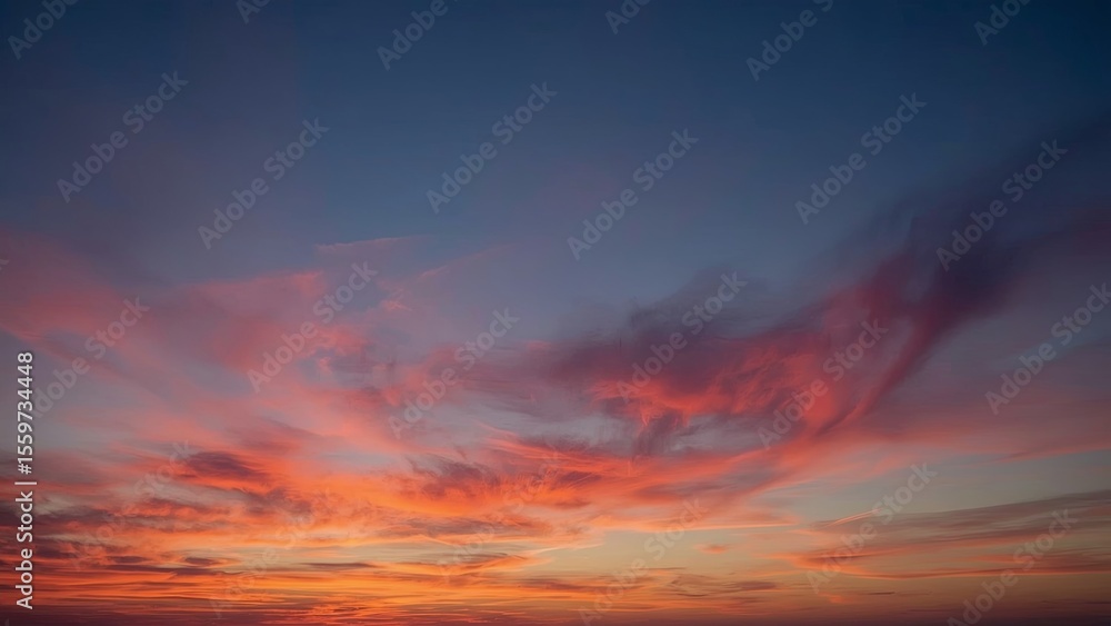 Obraz premium Magnificent sky at sunset painted in vibrant hues of orange, pink, and purple, with soft clouds drifting across the glowing horizon, creating a serene and breathtaking view of nature’s evening beauty