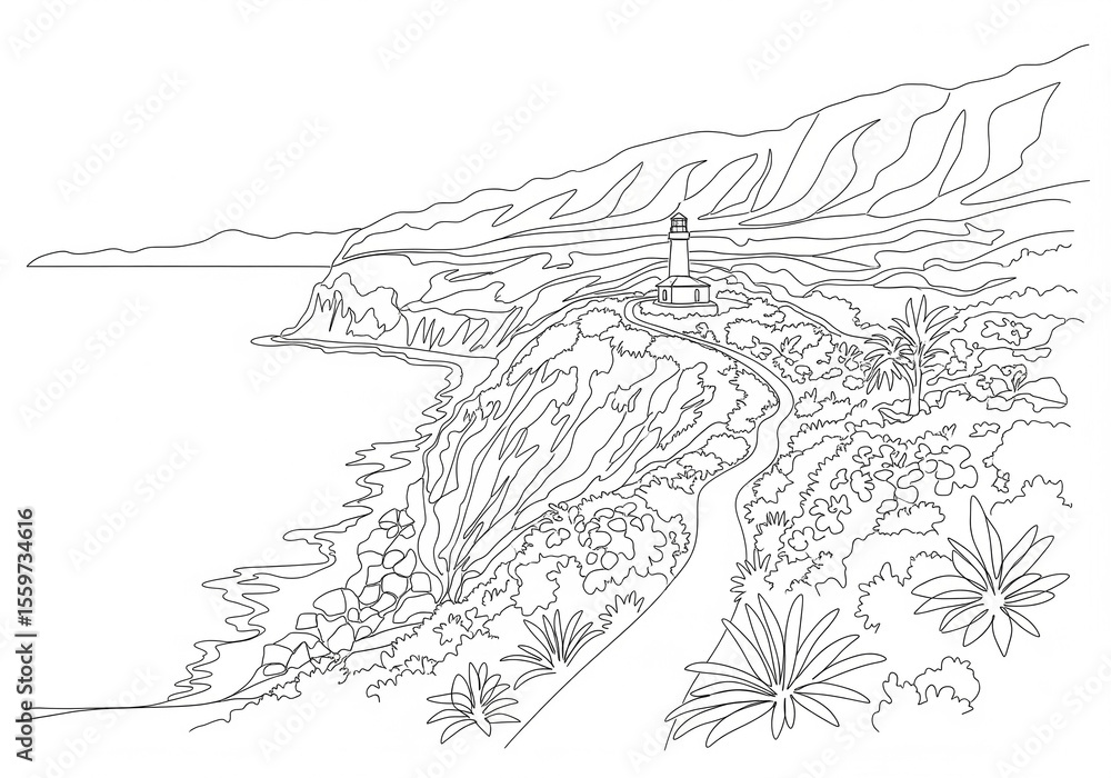 Fototapeta premium Makapu’u Point Lighthouse Trail in Honolulu one line drawing