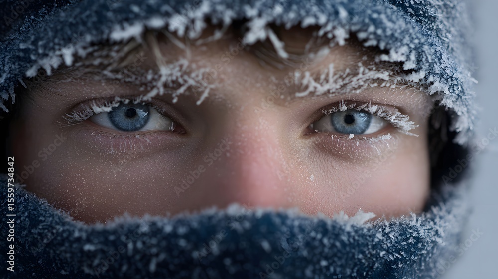 Close up of young person face covered frost they walk through snow blizzard squinting eye ice crystal eyelash intense winter survival moment extreme cold climate whiteout background Close up of young person face covered frost they walk through snow blizzard squinting eye ice crystal eyelash intense winter survival moment extreme cold climate whiteout background