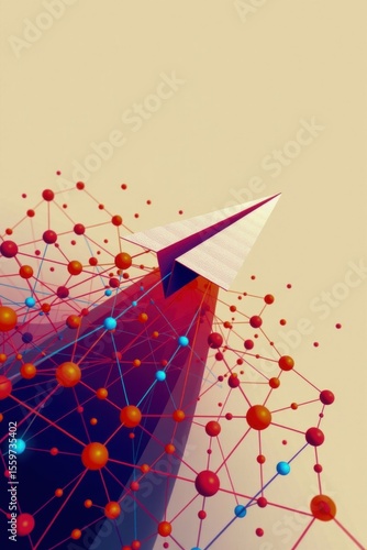 A paper airplane flying upward through a colorful network of interconnected red and blue spheres and lines on a beige background.