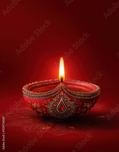 Indian festival happy diwali oil lamp or diya on red background. High quality