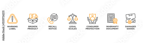 Product Liability banner web icon illustration concept with icon of Warning Label, Broken Product, Recall Notice, Legal Scales, Consumer Protection, Warranty Document, Damaged Goods
