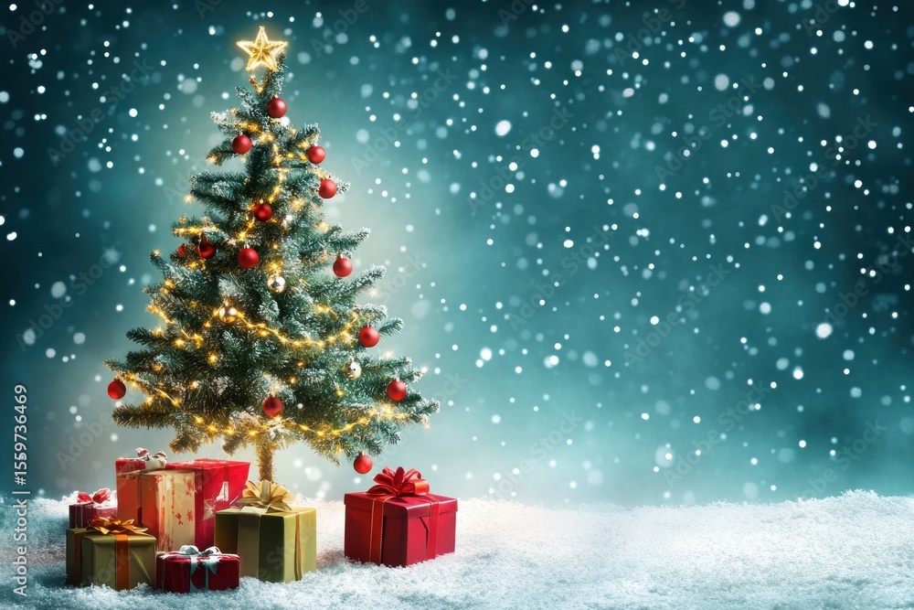 Christmas greeting card background with sparkling tree and snowy elements, presents scattered below Christmas greeting card background with sparkling tree and snowy elements, presents scattered below