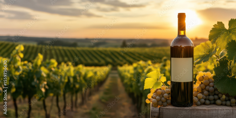 Fototapeta premium A vineyard at sunset with grapevines stretching into the horizon, wine bottle in the foreground