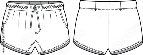 Blank women's athletic shorts template for fashion and sportswear design, with contrast trim and detailed technical drawing for mockups.