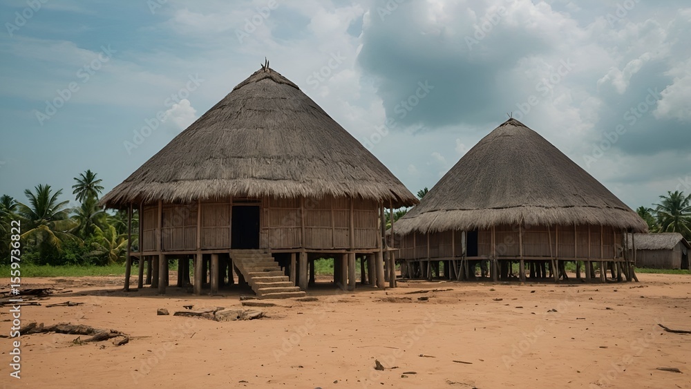 Traditional Thatched Huts: A Serene Rural Landscape Traditional Thatched Huts: A Serene Rural Landscape