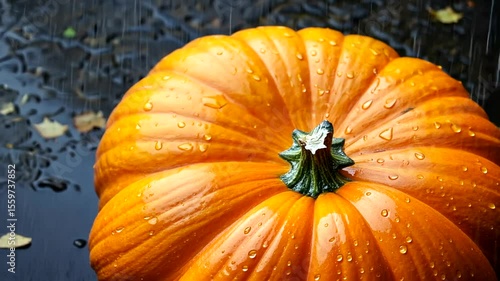 Wallpaper Mural Close-up of a vibrant orange pumpkin with water droplets, set against a rainy backdrop with fallen leaves Torontodigital.ca