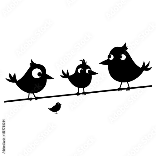 Three cute cartoon birds perched on a wire with a small bird below silhouette