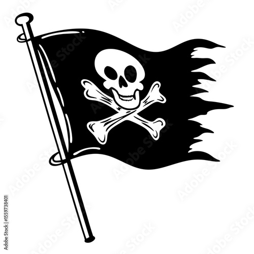 Tattered jolly roger pirate flag waving on a pole silhouette