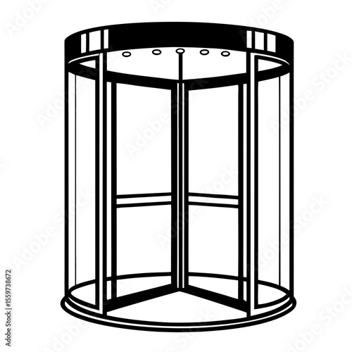 Modern revolving door entrance with glass panels and black frame silhouette