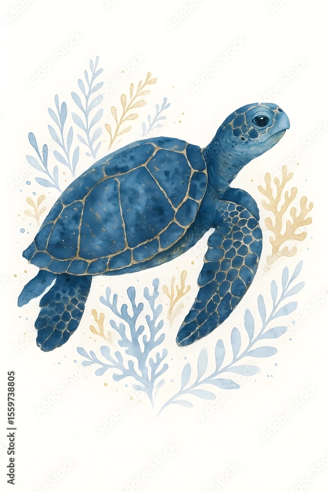 Fototapeta premium Detailed blue sea turtle swims amidst golden coral branches in an artistic watercolor illustration