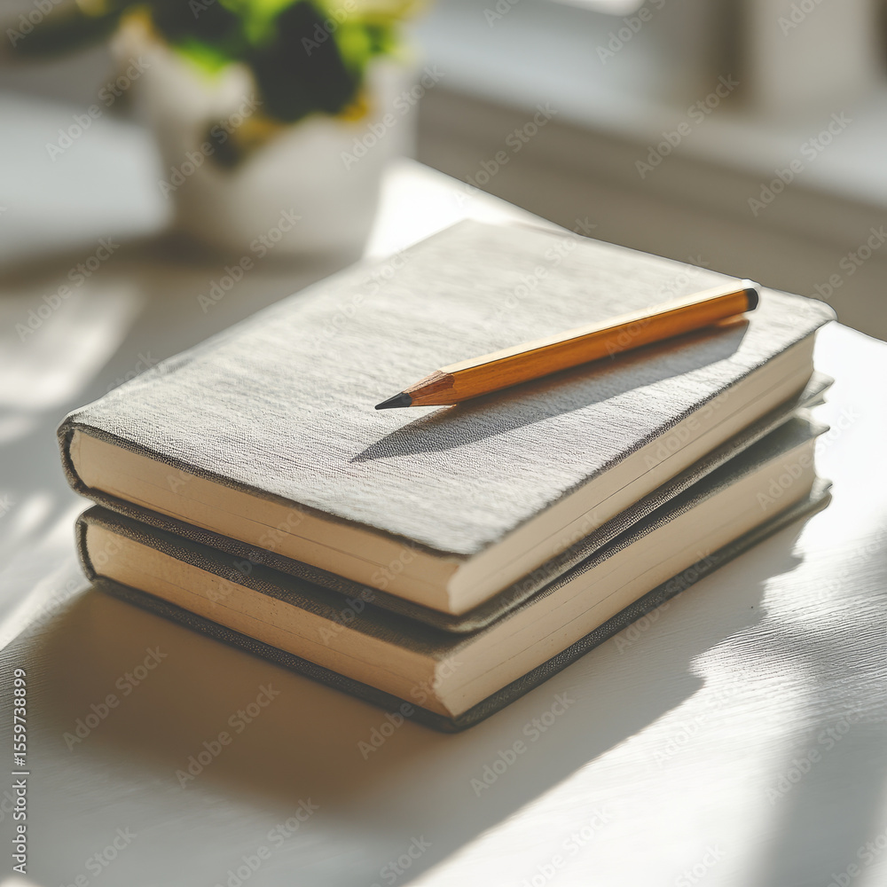 Naklejka premium Notebook and pencil on table in soft natural light.