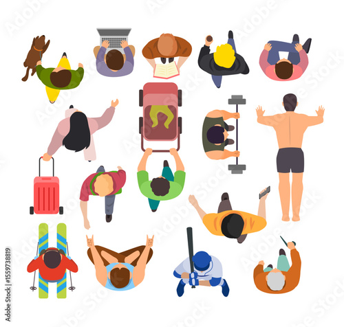 Set of Top view of people set collection, Men and women. View from above. Male and female characters, cartoon style, elderly, cane, hockey, stick, pushup, yoga, mat, coffee, walking, dumbbell, sitting