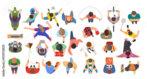 Set of Top view of people set collection, Men and women. View from above. Male and female characters, cartoon style, bald, walking, boy, playing, badminton, basketball, mobile, game, volleyball.