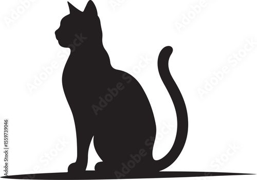 Elegant Black Cat Silhouette Sitting Side View Vector