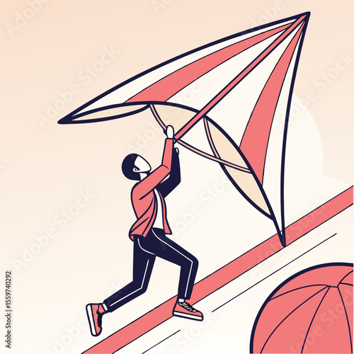 A man in a jacket preparing to launch a hang glider with red and cream colored sails on a light background