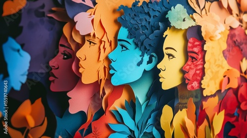 Colorful paper cut-out profiles of diverse women's faces, surrounded by leaves.
