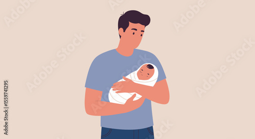 Cartoon dad holds swaddled baby looking down with soft focus