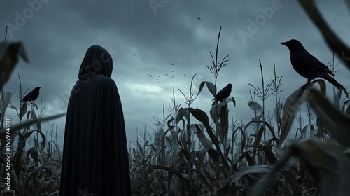 A mysterious man cloaked in dark coat standing in cornfield at twilight.