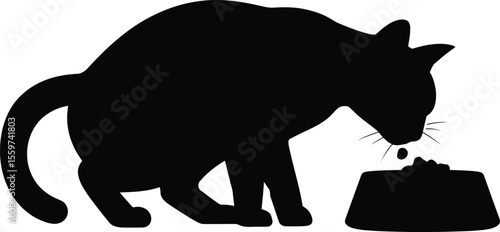 Cat Eating from Bowl Silhouette - Pet Feeding Time Illustration