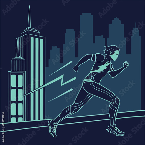 Illustration of a superhero running in a city with lightning bolts and skyscrapers in the background