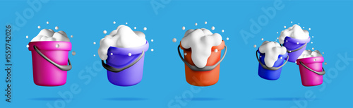 Set of 3d rendering multicolored buckets with white soapy foam and bubbles. Household cleaning concept for website.